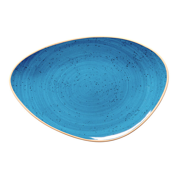 A blue triangular coupe porcelain plate with a speckled design.