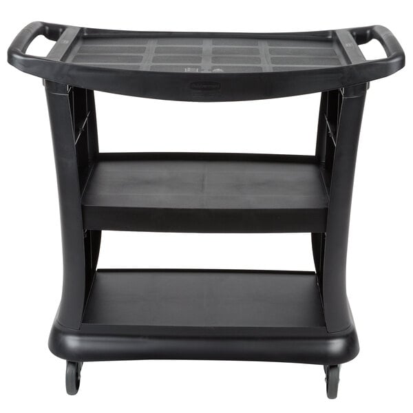 A black Rubbermaid Executive three shelf bus cart.