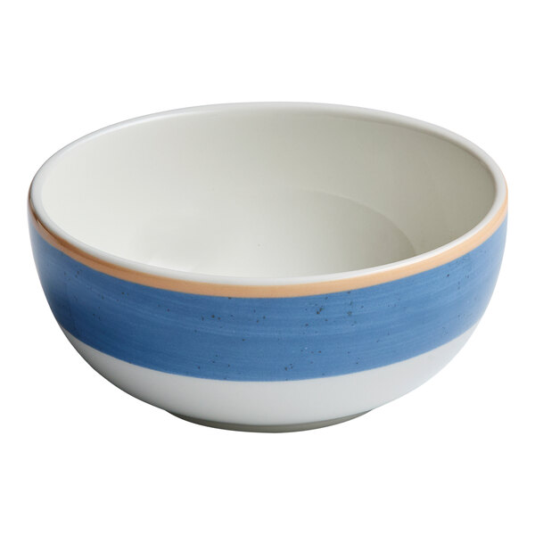 A round porcelain bowl with a blue and white two-tone design.