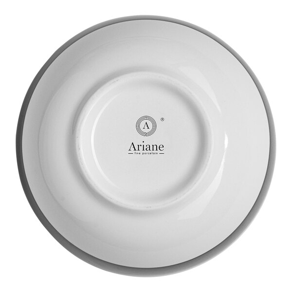 A round white porcelain bowl viewed from the bottom, showing the Ariane brand logo and text.