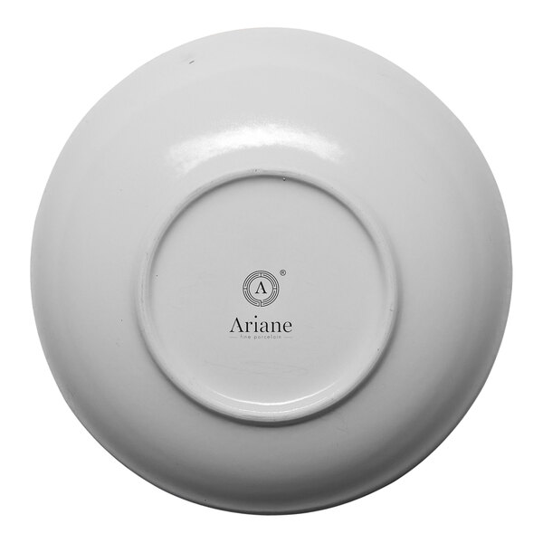 A round white porcelain plate shown from the bottom with the Ariane brand logo and text.