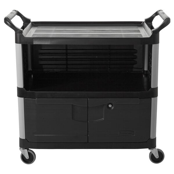 A black Rubbermaid equipment cart with lockable doors.
