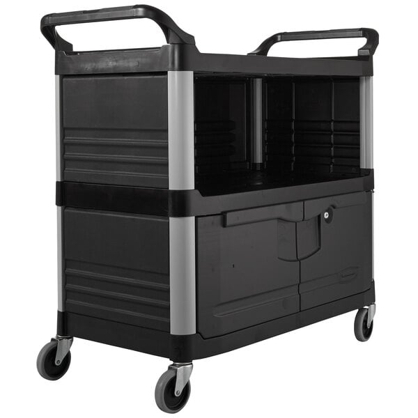 A black Rubbermaid equipment cart with lockable doors.