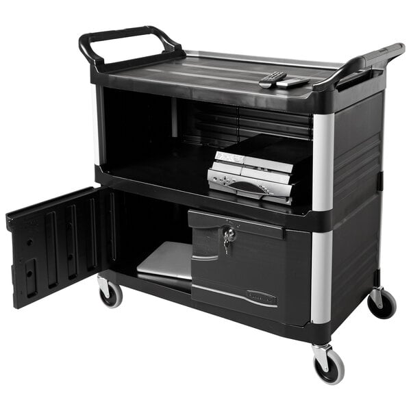 A black Rubbermaid equipment cart with a door open.