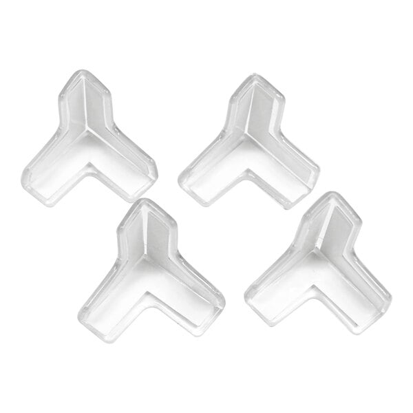 A set of four clear silicone corner protectors designed for eased-edge table tops.