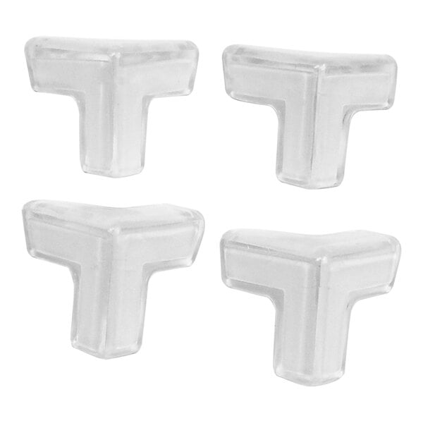 A set of four clear silicone corner protectors designed for eased-edge table tops.