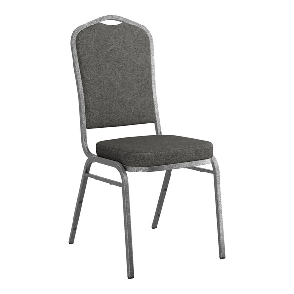 A stackable banquet chair with gray fabric upholstery and a silver vein metal frame.