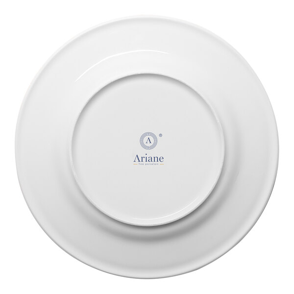 A white round porcelain plate with an embossed wide rim, shown from the bottom with the Ariane brand logo.