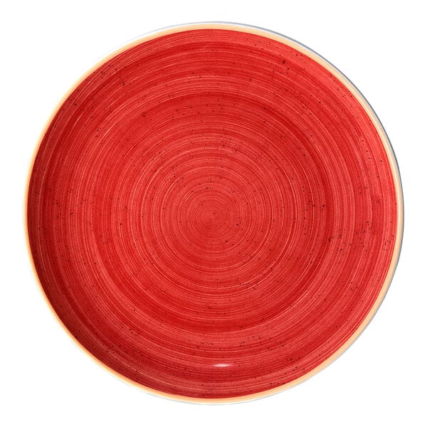 A round, rimless red porcelain plate with a subtle swirl pattern.