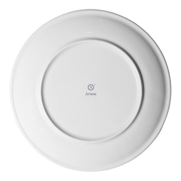 A white round rimless coupe porcelain plate viewed from the bottom with the Ariane logo at the center.
