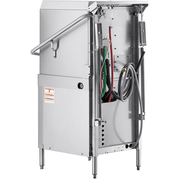A commercial stainless steel door-style electric dishwasher with visible internal hoses and components.
