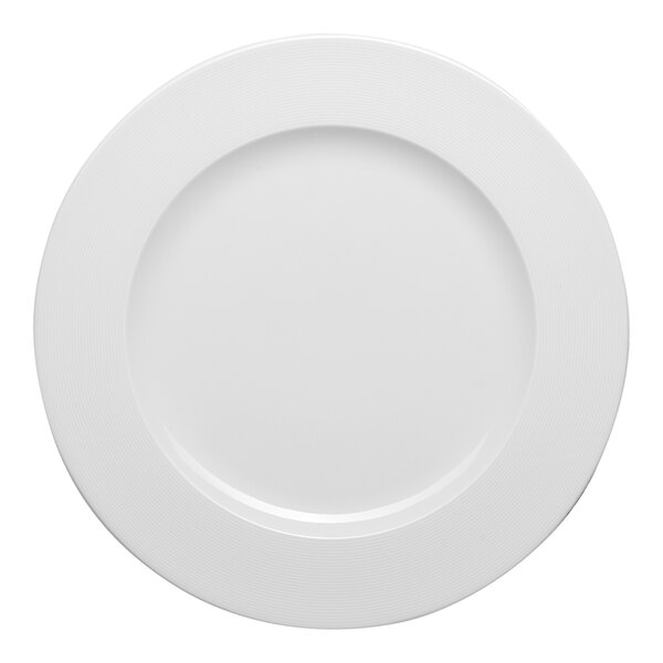Ariane Orba 11 7/16" White Round Embossed Wide Rim Flat Porcelain Plate - 6/Case