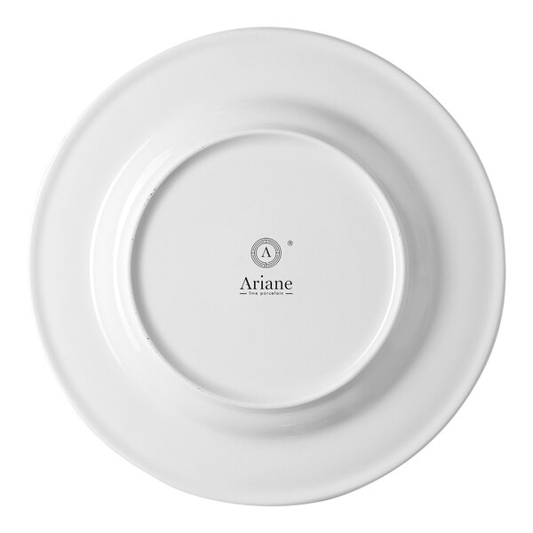 A white round porcelain plate with an embossed wide rim, shown from the bottom with the Ariane brand logo.