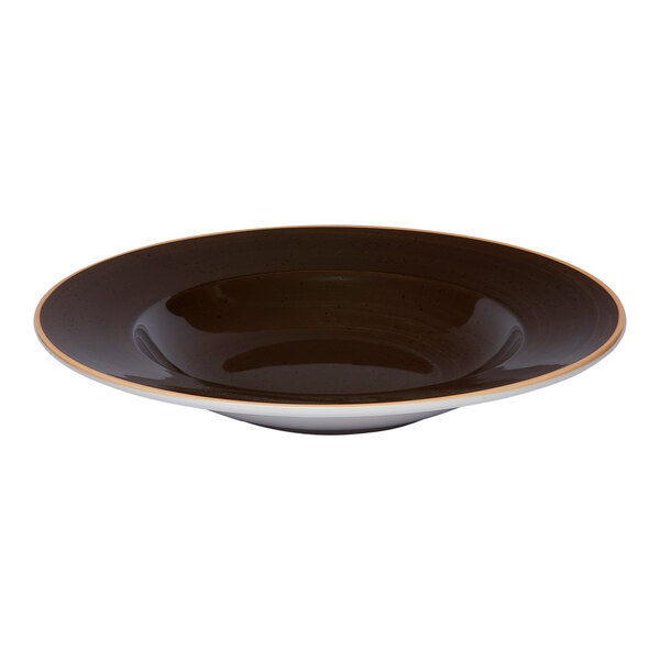 A round, wide-rimmed deep porcelain plate with a dark brown interior and a light brown edge.