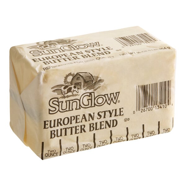A one-pound block of SunGlow European Style Butter Blend margarine in wrapped packaging.