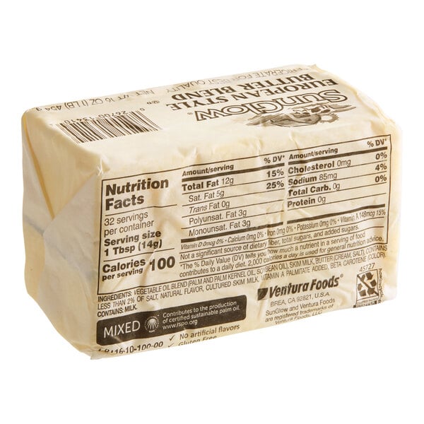 A one-pound block of SunGlow European-Style Salted Butter Blend Solid Margarine in wrapped packaging.