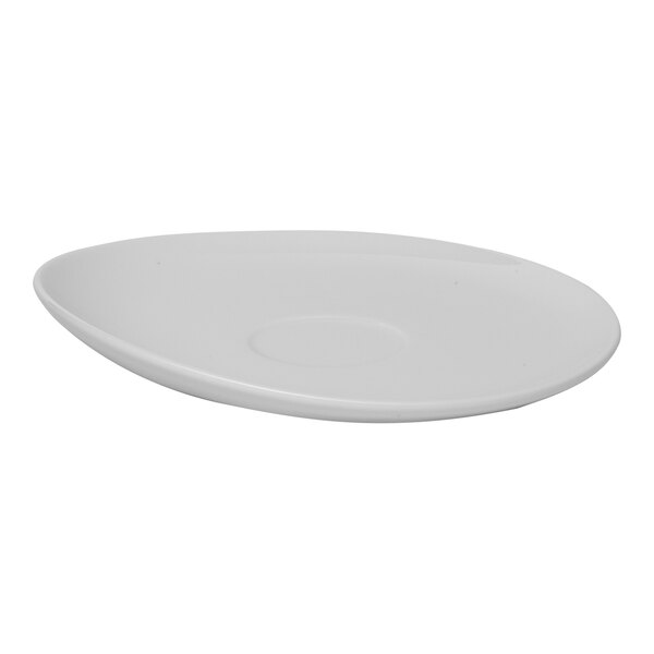 A round, slanted warm white porcelain coffee or tea cup saucer.