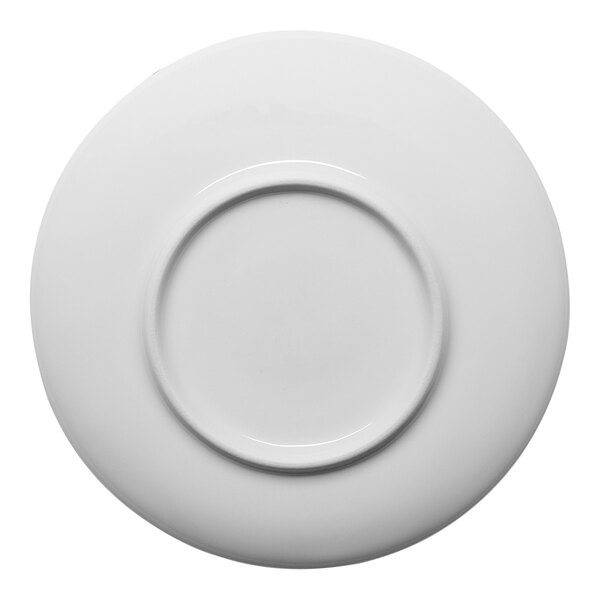 A round, warm white porcelain coffee or tea cup saucer with a slanted coupe design.