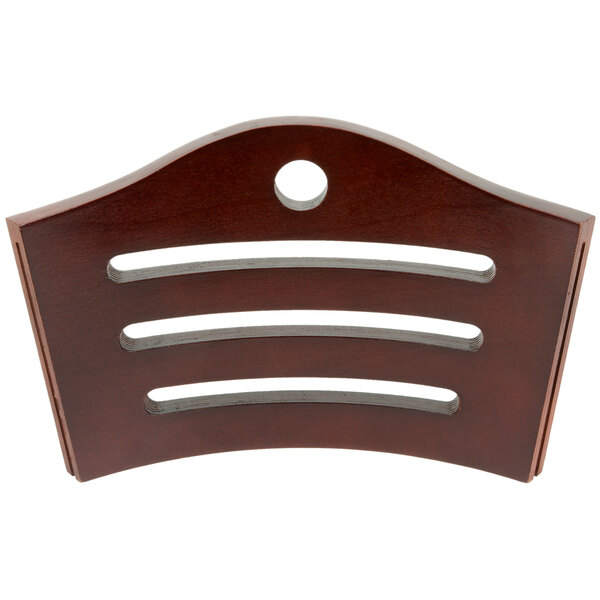 A wooden bistro chair backrest with a mahogany finish and three horizontal cutouts.