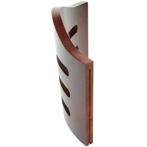 A wooden bistro chair backrest with a mahogany finish and curved design.