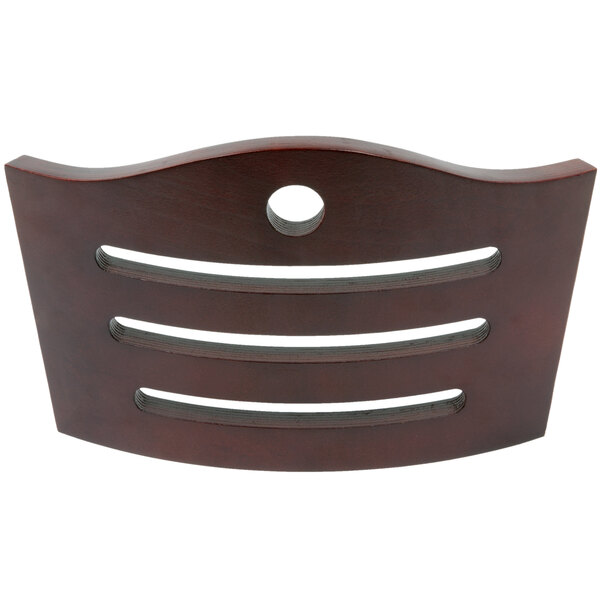 A mahogany finish wood bistro backrest with three horizontal cutouts and a circular hole near the top.