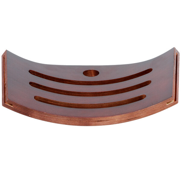 A curved wooden bistro backrest with a mahogany finish and three horizontal cutout slats.
