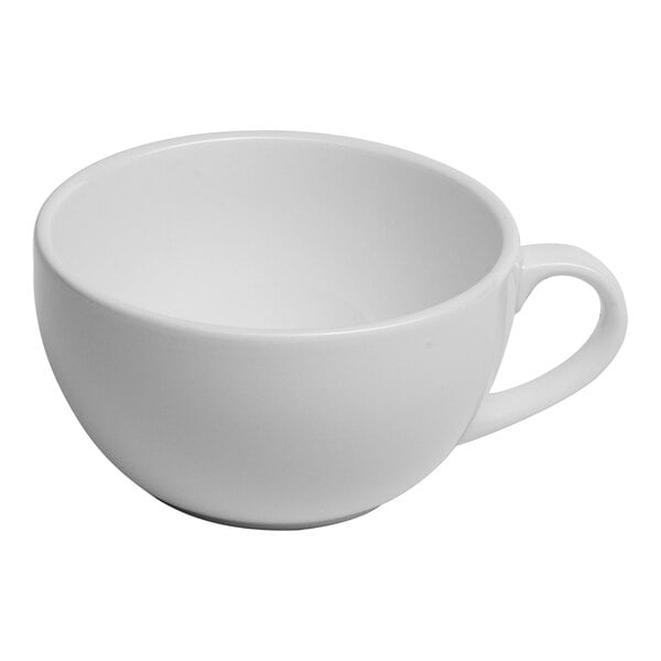A white porcelain cappuccino cup with a handle.