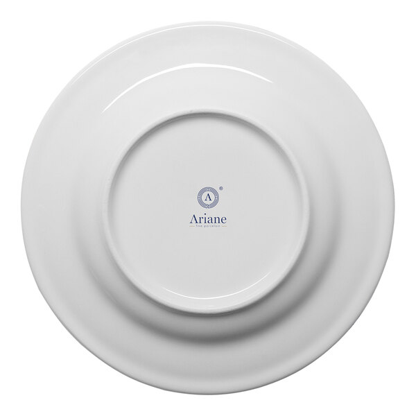 A white round porcelain plate with an embossed wide rim, shown from the bottom with the Ariane brand logo.