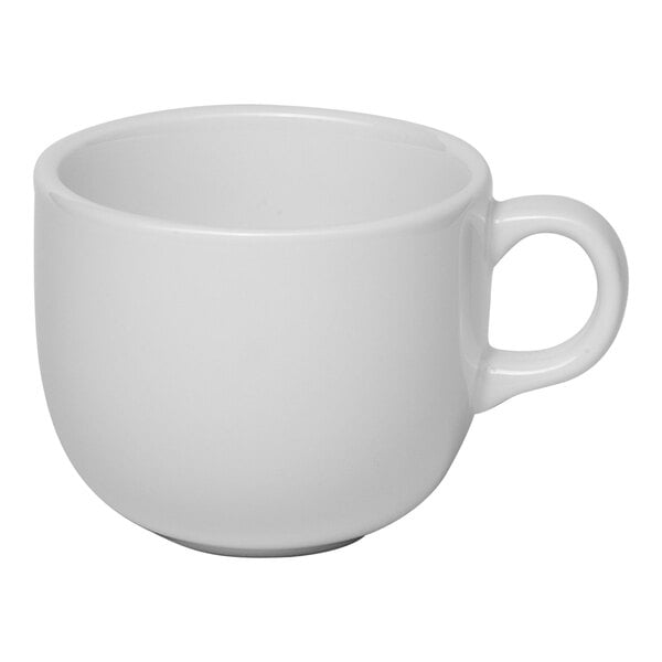 A plain white porcelain tea cup with a handle.