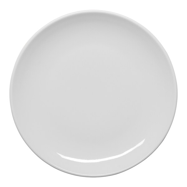 A round, warm white, rimless porcelain coupe plate.