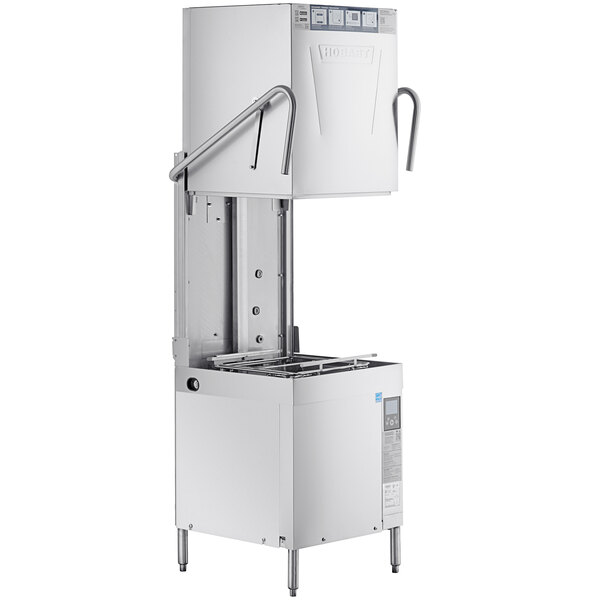 A tall, stainless steel, commercial door-style dishwasher with a booster heater and control panel at the top.