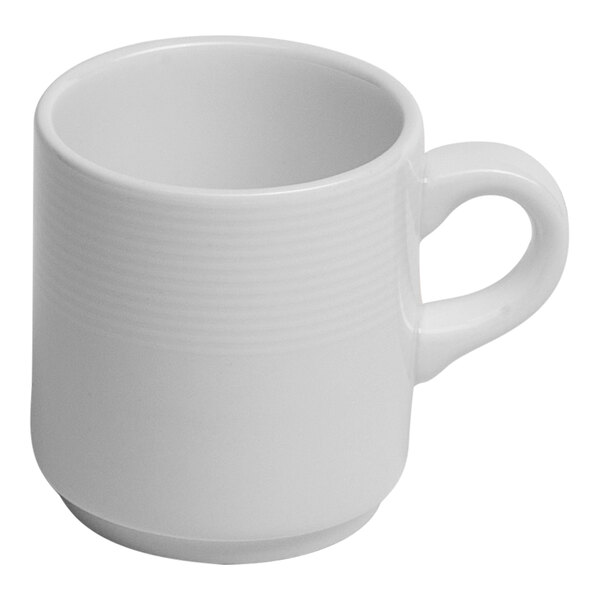 A white stackable embossed porcelain espresso cup with a handle.