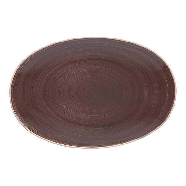 An oval-shaped, dark brown porcelain plate with a subtle textured pattern.
