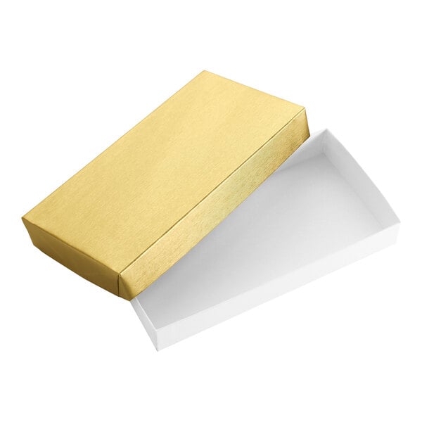 A rectangular two-piece candy box with a gold lid and white base.