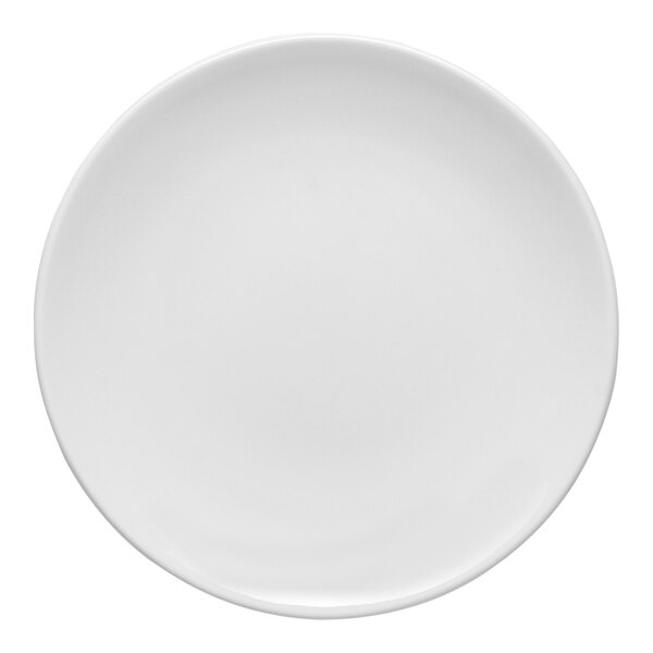 A round, rimless, warm white porcelain coupe plate.