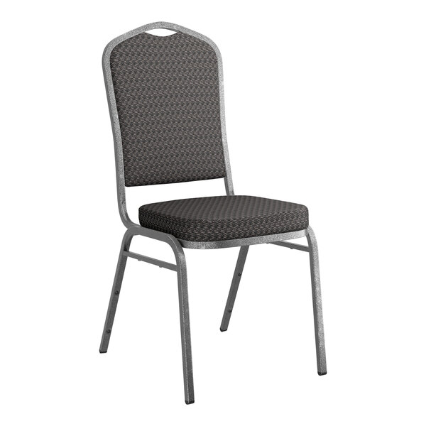 A stackable banquet chair with a black patterned fabric seat and back, and a silver vein metal frame.
