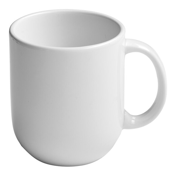 A plain white porcelain mug with a rounded shape and a handle.