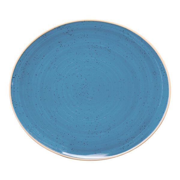 An oval blue porcelain steak plate with a speckled design and a slightly raised rim.