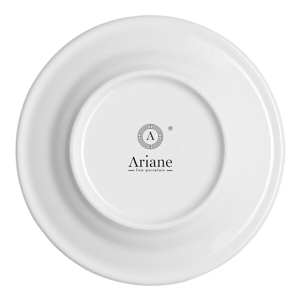 A white round porcelain plate with an embossed wide rim, shown from the bottom with the Ariane brand logo.