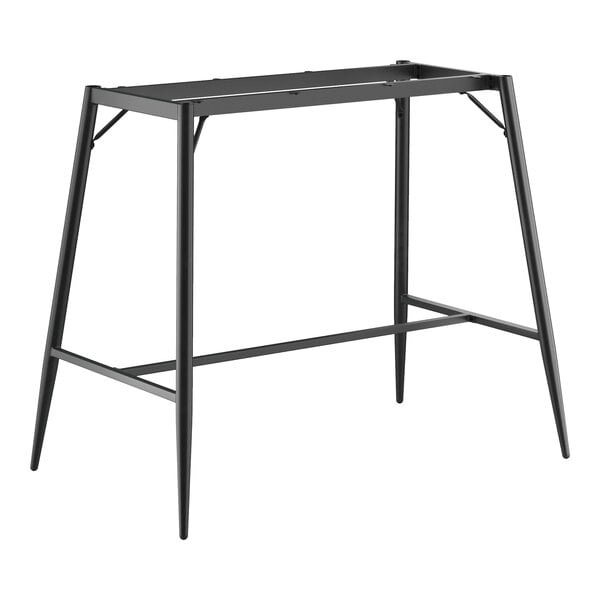 A black metal bar height table base with a mid-century design, measuring 30 by 48 inches.