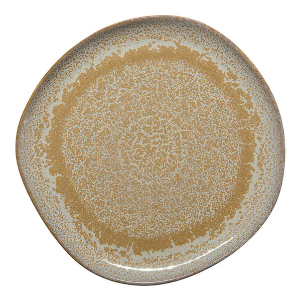A gold and brown irregular round porcelain flat plate.