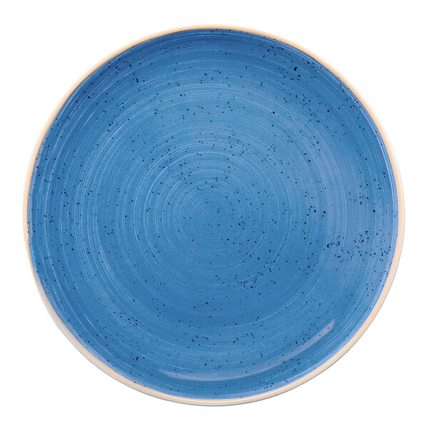 A round, blue, rimless porcelain plate with a speckled design.