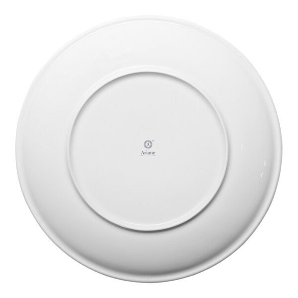 A round, white porcelain plate shown from the bottom with the Ariane brand logo at the center.
