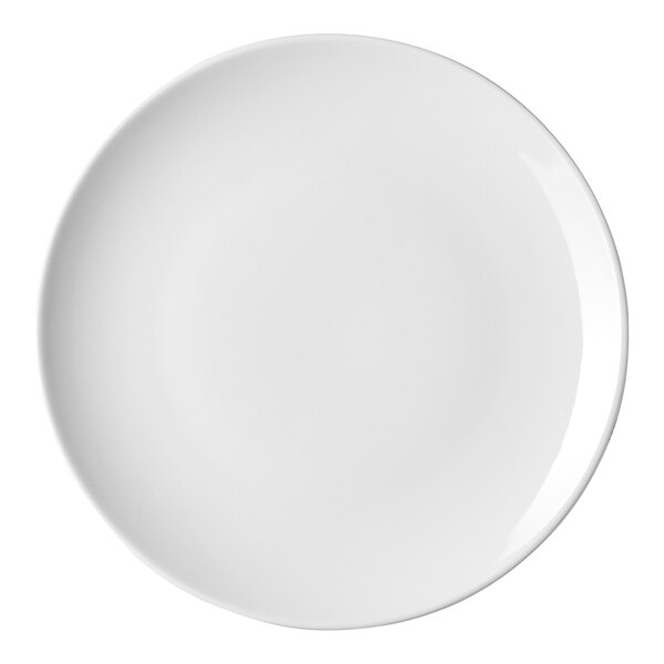 A round, rimless, warm white porcelain coupe plate.