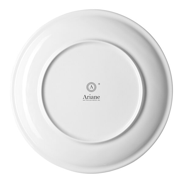A round, warm white porcelain rimless coupe plate with the brand name Ariane printed on the bottom.