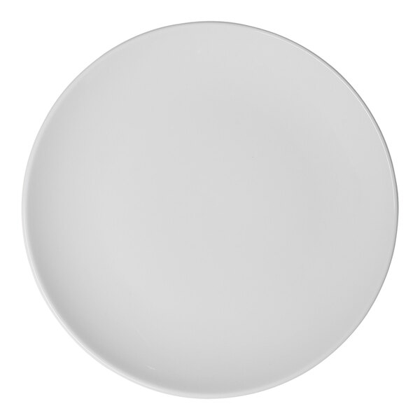 A round, rimless, warm white porcelain coupe plate.