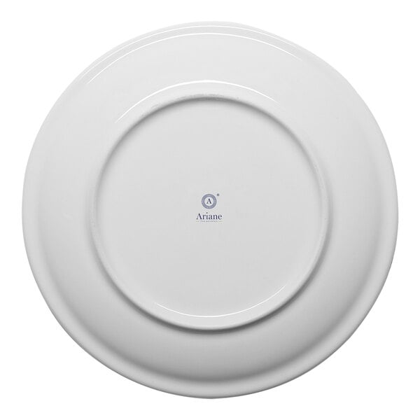 A white round porcelain plate shown from the bottom with the Ariane brand logo at the center.