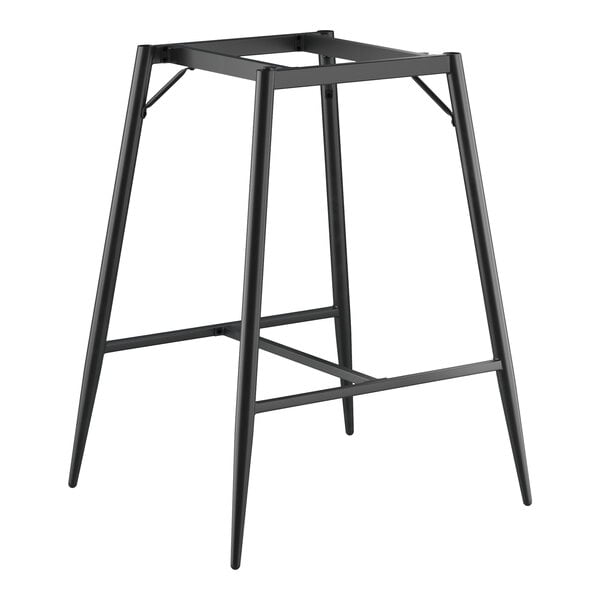 A black metal bar height table base with a mid-century design, suitable for supporting a 36" x 36" tabletop.