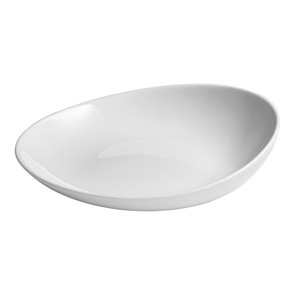 A white, round, slanted porcelain deep plate.