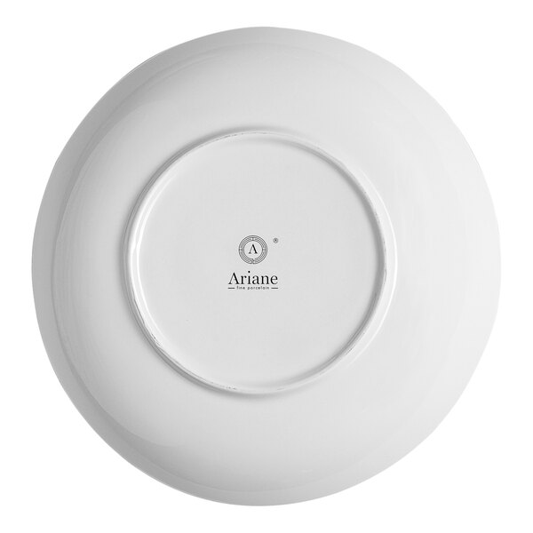 A round, white porcelain coupe deep plate shown from the bottom with the Ariane brand logo.